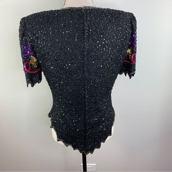 Vintage Lawrence Kazar Y2K New Year’s  Sequin Beaded Silk Top Sz M - Picture 2 of 13